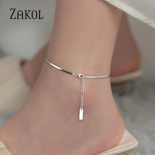 ZAKOL Simple Tag Silver Color Snake Bone Blade Anklet 2023 New Summer Light Luxury Versatile Ins Jewelry