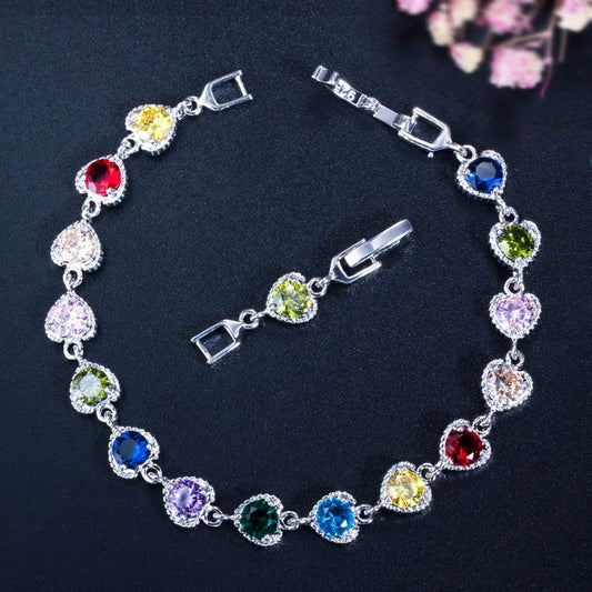 ThreeGraces Trendy Colorful Cubic Zirconia Crystal Small Love Heart CZ Link Chain Bracelet for Women Summer Party Jewelry BR206
