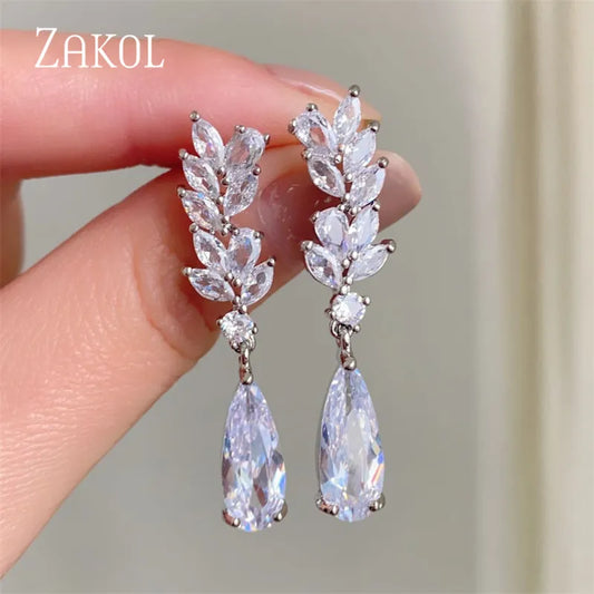 ZAKOL White Zircon Leaf Dangle Earrings for Women Shinny Water Drop Crystal Flower Pendant Earring Bridal Wedding Jewelry